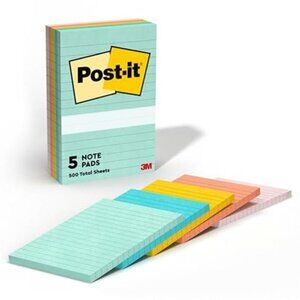 Post-it Notes, 4 in x 6 in, 5 Lined Sticky Note Pads, 100 Sheets per Pad,